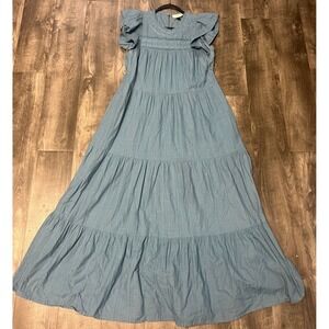 Universal Thread Dress Sz L Blue Embroidered Tiered Maxi Flutter Sleeve Pockets